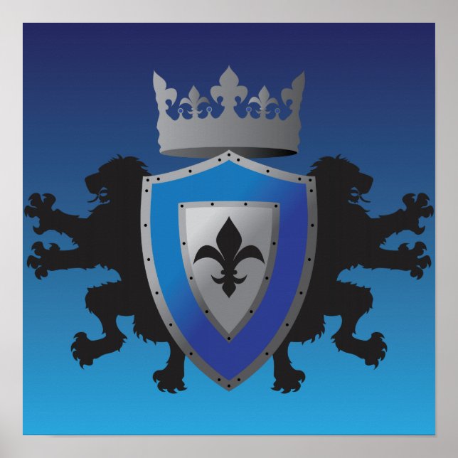 Blue Mediaeval Lion Heraldry Poster (Front)