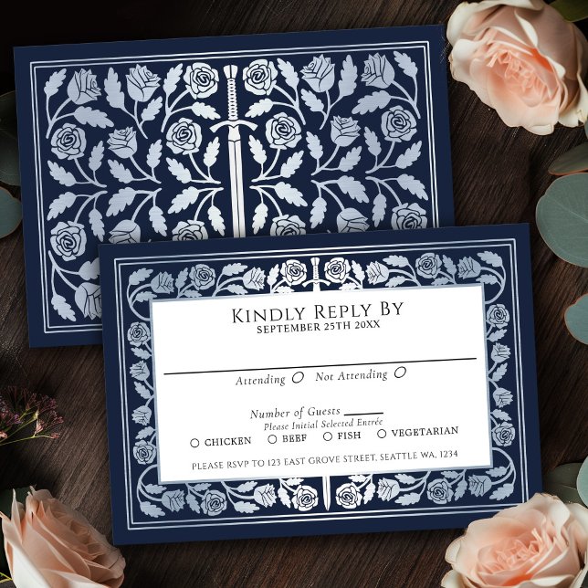 Blue Mediaeval Silver Sword Royal Wedding RSVP Card (Creator Uploaded)