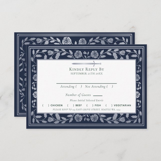 Blue Mediaeval Sword Wedding RSVP Enclosure Card (Front/Back)