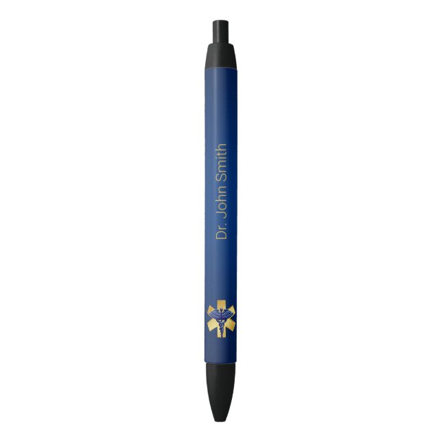 Blue Medical 3D Caduceus Gold Cross Black Ink Pen (Front Vertical)