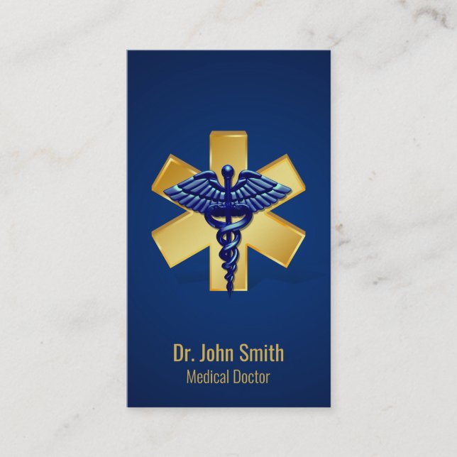 Blue Medical 3D Caduceus Gold Cross Business Card (Front)