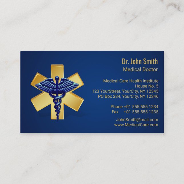 Blue Medical 3D Caduceus Gold Cross Business Card (Front)