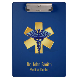 Blue Medical 3D Caduceus Gold Cross Clipboard