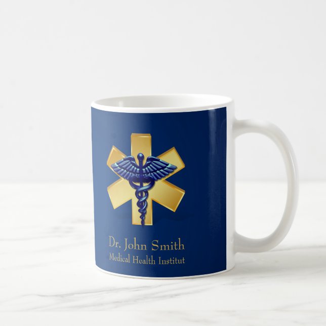 Blue Medical 3D Caduceus Gold Cross Coffee Mug (Right)