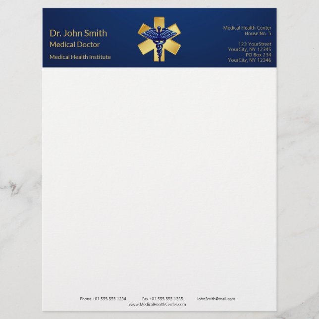 Blue Medical 3D Caduceus Gold Cross Custom Letterhead (Front)