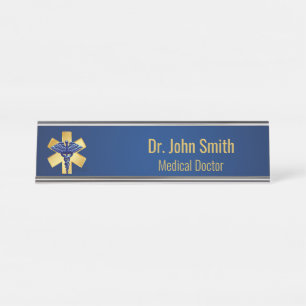 Blue Medical 3D Caduceus Gold Cross Desk Name Plate