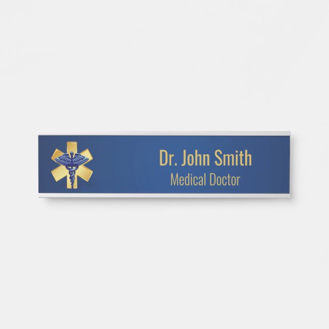 Blue Medical 3D Caduceus Gold Cross Door Sign (Front)