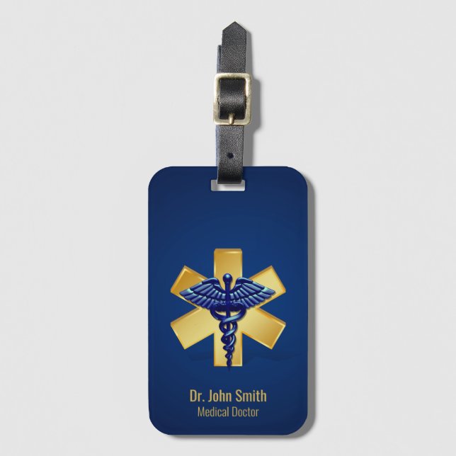 Blue Medical 3D Caduceus Gold Cross Luggage Tag (Front Vertical)