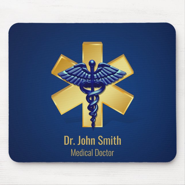 Blue Medical 3D Caduceus Gold Cross Mouse Mat (Front)