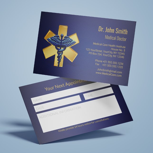 Blue Medical 3D Caduceus Gold Cross Reminder Appointment Card (Creator Uploaded)