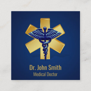 Blue Medical 3D Caduceus Gold Cross Square Business Card