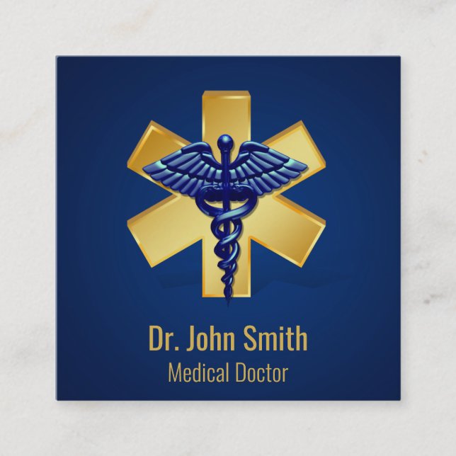Blue Medical 3D Caduceus Gold Cross Square Business Card (Front)