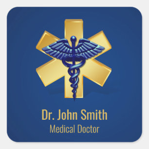 Blue Medical 3D Caduceus Gold Cross Square Sticker