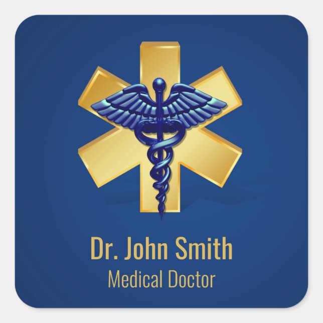 Blue Medical 3D Caduceus Gold Cross Square Sticker (Front)