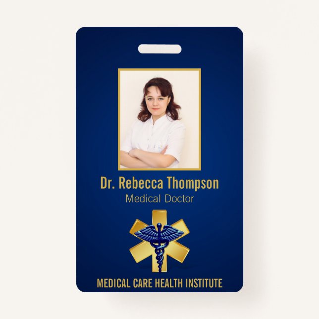 Blue Medical 3D Caduceus Gold Paramedic Photo ID Badge (Front)