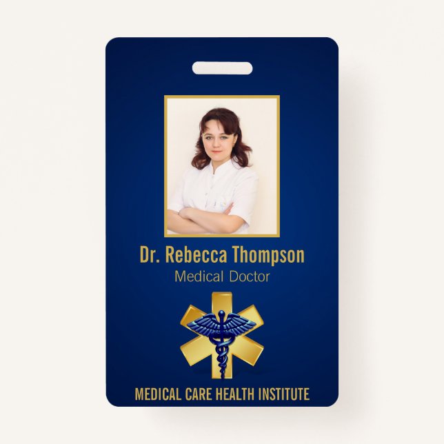 Blue Medical 3D Caduceus Gold Paramedic Photo ID ID Badge (Front)