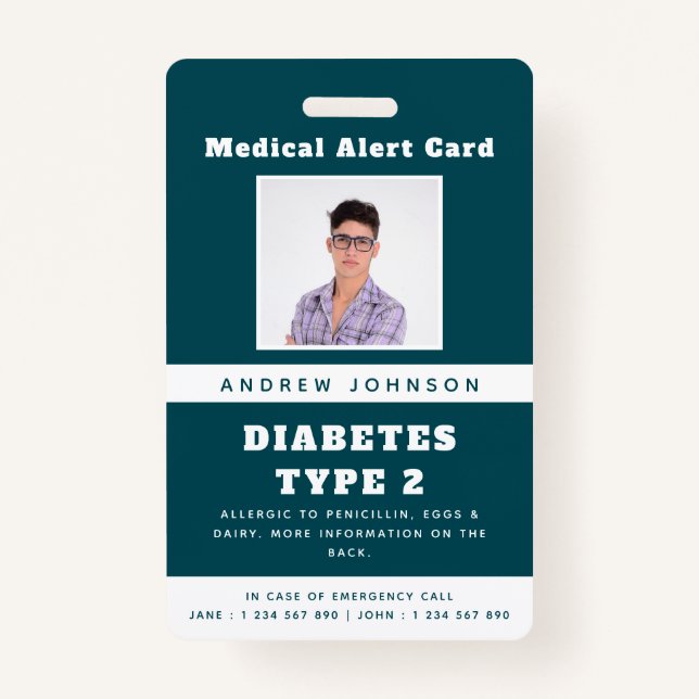 Blue Medical Alert Emergency ID Photo Adult Name B ID Badge (Front)