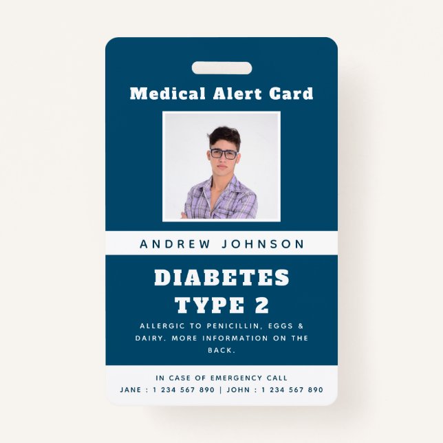 Blue Medical Alert Emergency ID Photo Adult Name ID Badge (Front)