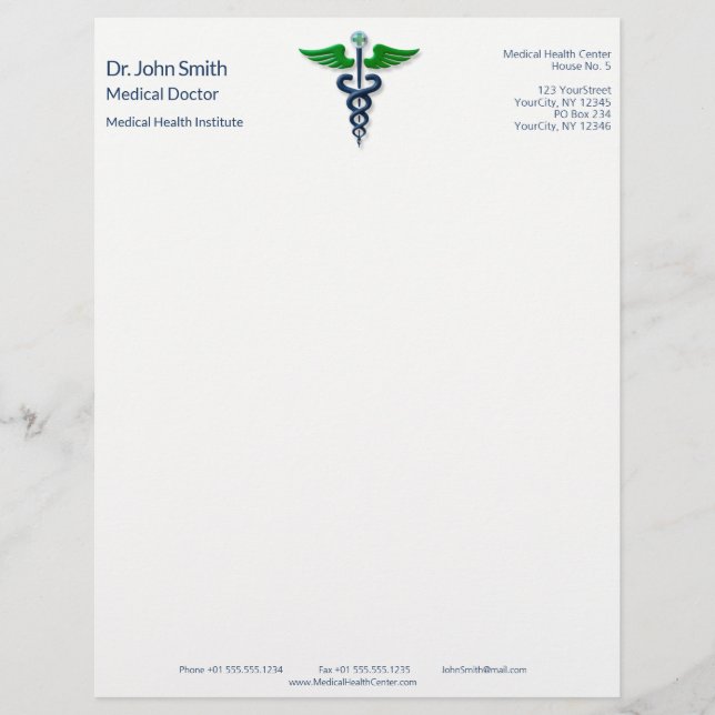 Blue Medical Caduceus Green Stylish Wings Cross Custom Letterhead (Front)