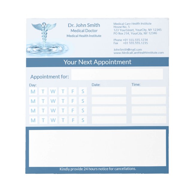 Blue Medical Caduceus Water Ripples Appointment Notepad (Front)