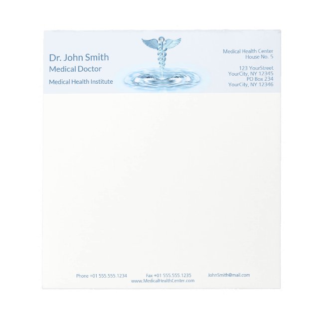 Blue Medical Caduceus Water Ripples Hermes Rod Notepad (Front)