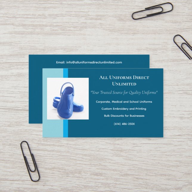 Blue Medical Clogs Uniform Business Card (Front/Back In Situ)