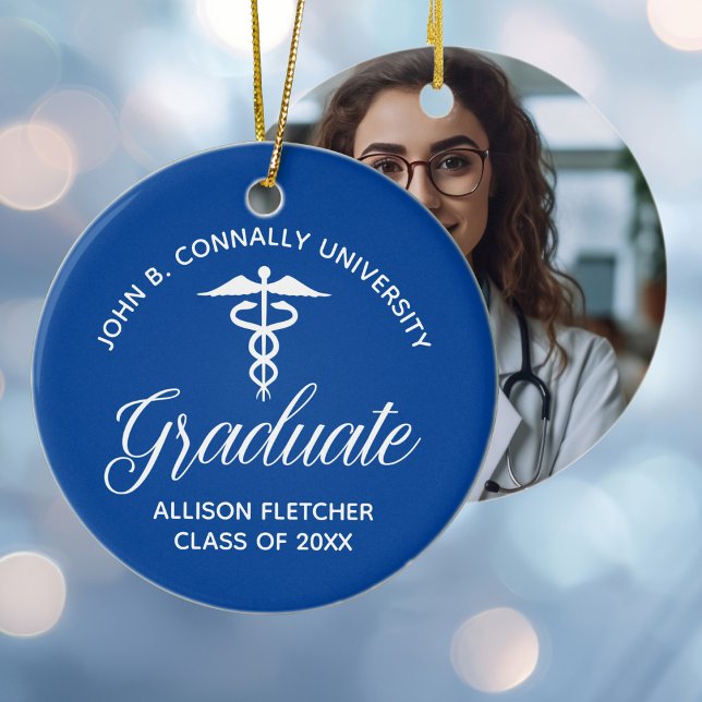 Blue Medical School Graduation Photo Christmas Ceramic Tree Decoration (Creator Uploaded)