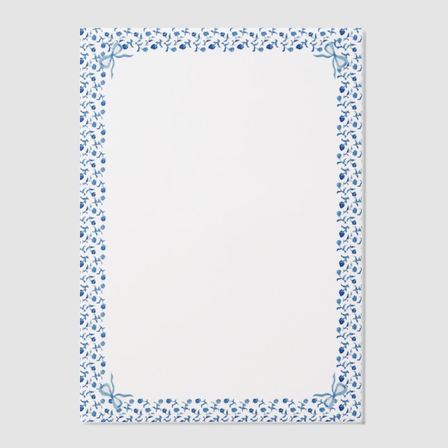 Blue Mediteranean Tile Garden Coquette Bow Wedding Vellum Invitations (Front)