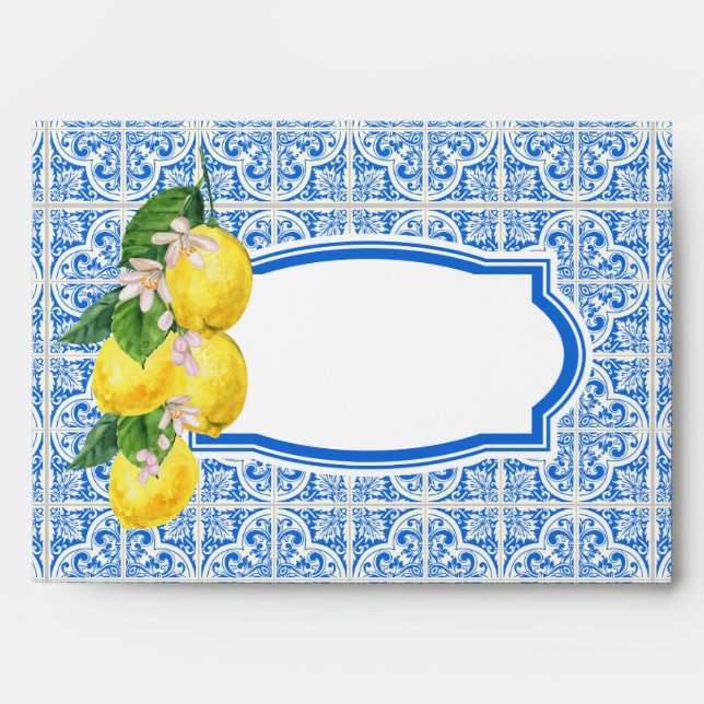 Blue Mediterranean Citrus Lemon Return Address Envelope (Front)