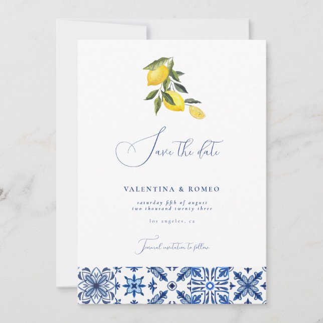 Blue Mediterranean citrus wedding save the date Invitation (Front)
