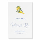 Blue Mediterranean citrus wedding welcome sign