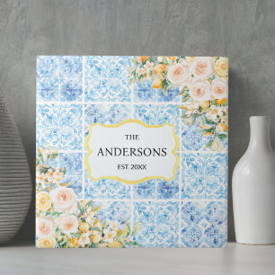 Blue Mediterranean Flower Lemon Custom Family Name Tile