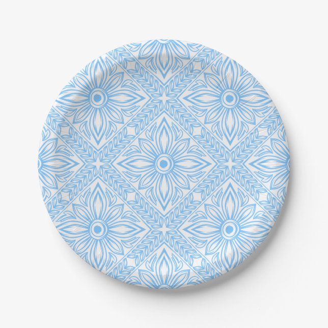 Blue Mediterranean Italian Tile Decorative Pattern Paper Plate (Front)