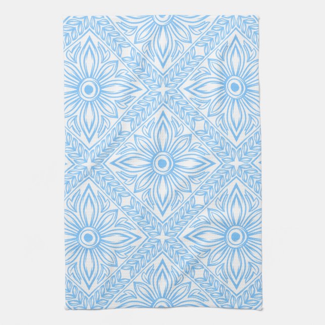 Blue Mediterranean Italian Tile Decorative Pattern Tea Towel (Vertical)
