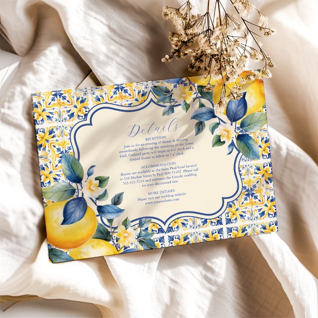 Blue Mediterranean Italian Tile & Lemon Wedding Enclosure Card (Creator Uploaded)