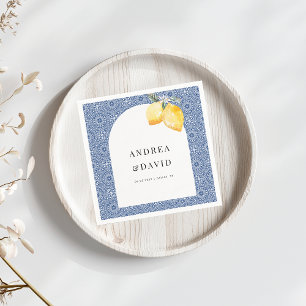 Blue Mediterranean Italian Tile Lemon Wedding Napkin
