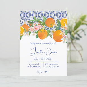 Blue Mediterranean Italian Tile & Orange Wedding Invitation