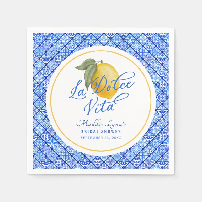 Blue Mediterranean La Dolce Vita Bridal Shower Napkin (Front)