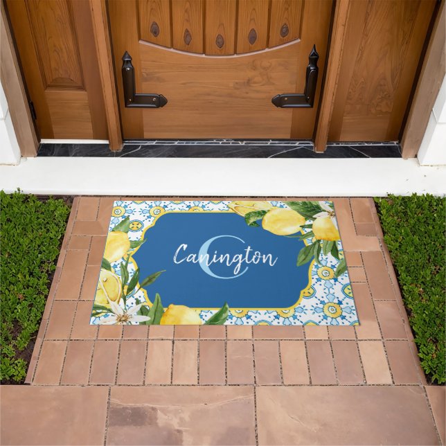 Blue Mediterranean Lemon Monogram Name New Home Doormat (Outdoor)