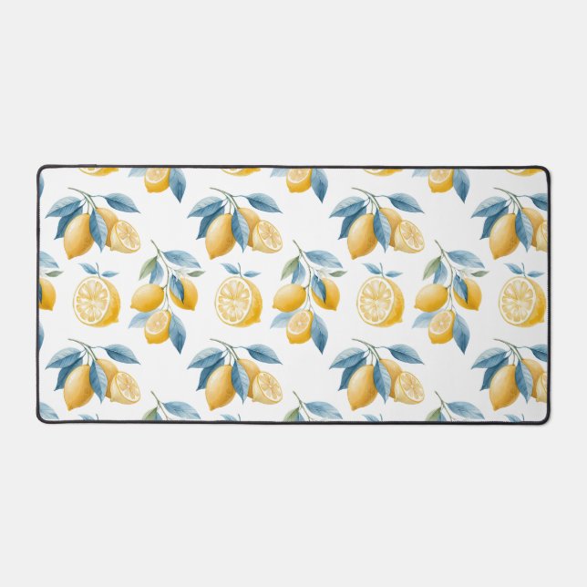 Blue Mediterranean Lemon Pattern Desk Mat (Front)