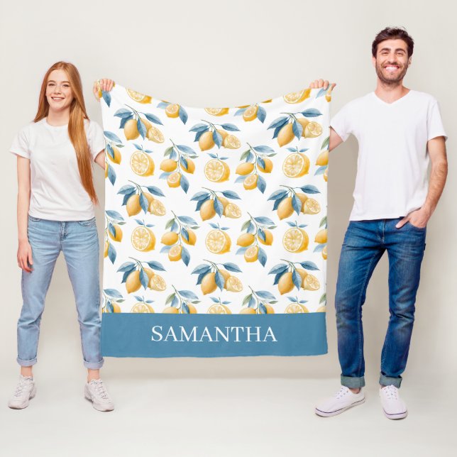 Blue Mediterranean Lemon Pattern Name Fleece Blanket (In Situ)