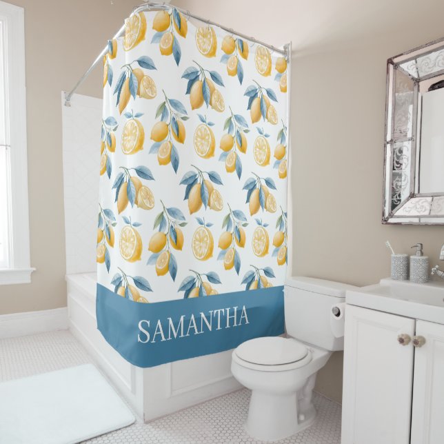 Blue Mediterranean Lemon Pattern Name  Shower Curtain (In Situ)