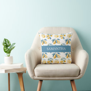 Blue Mediterranean Lemon Pattern Name Throw Pillow