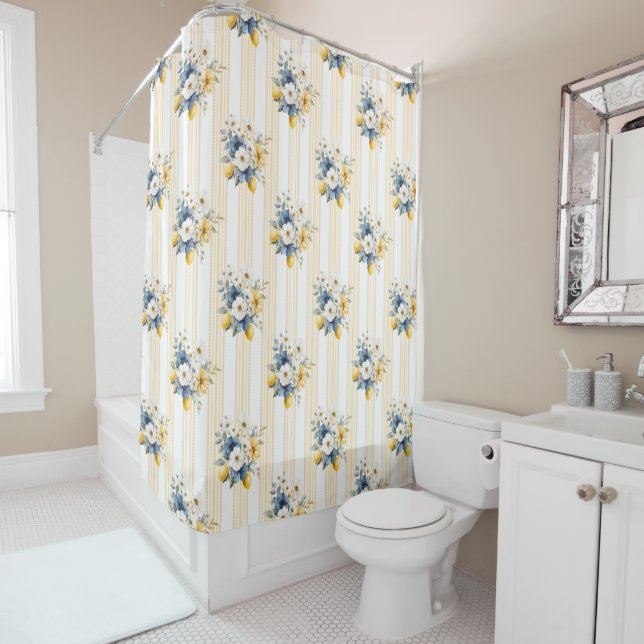Blue Mediterranean Lemon Pattern Shower Curtain (In Situ)