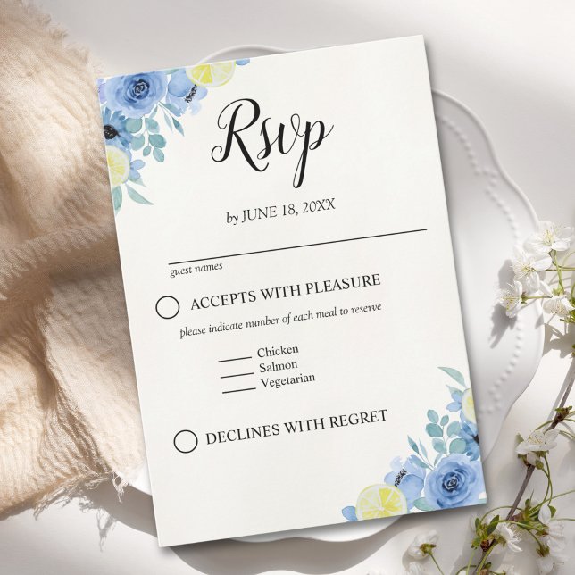 Blue Mediterranean Lemon Wedding RSVP Card (Creator Uploaded)