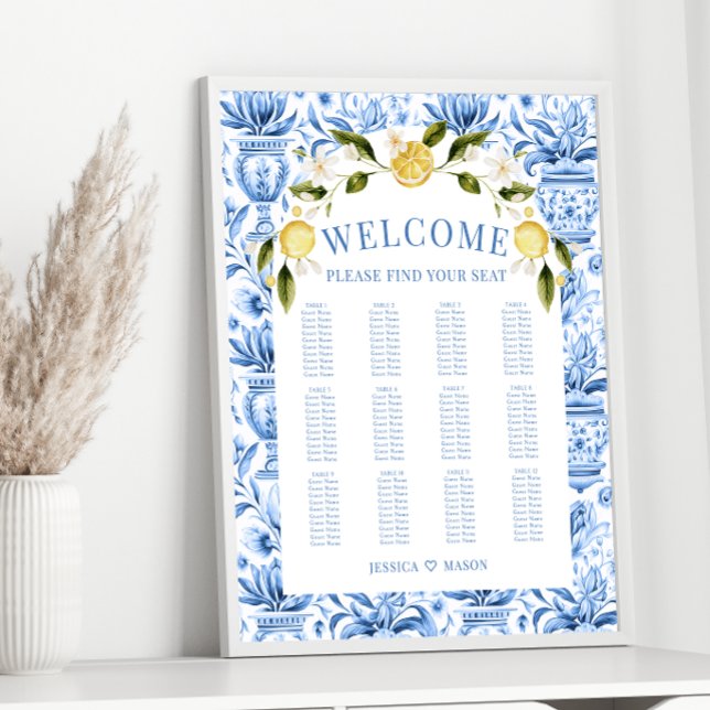 Blue Mediterranean lemon wedding seating chart (Creator Uploaded)
