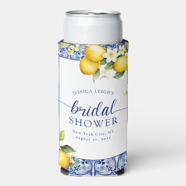Blue Mediterranean Lemons Bridal Shower Seltzer Can Cooler (Seltzer Front)