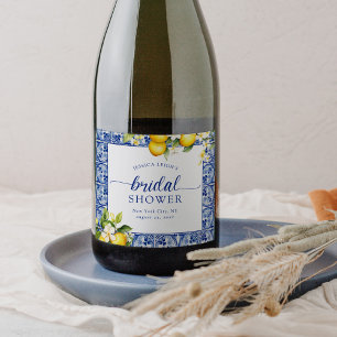 Blue Mediterranean Lemons Bridal Shower Sparkling Wine Label