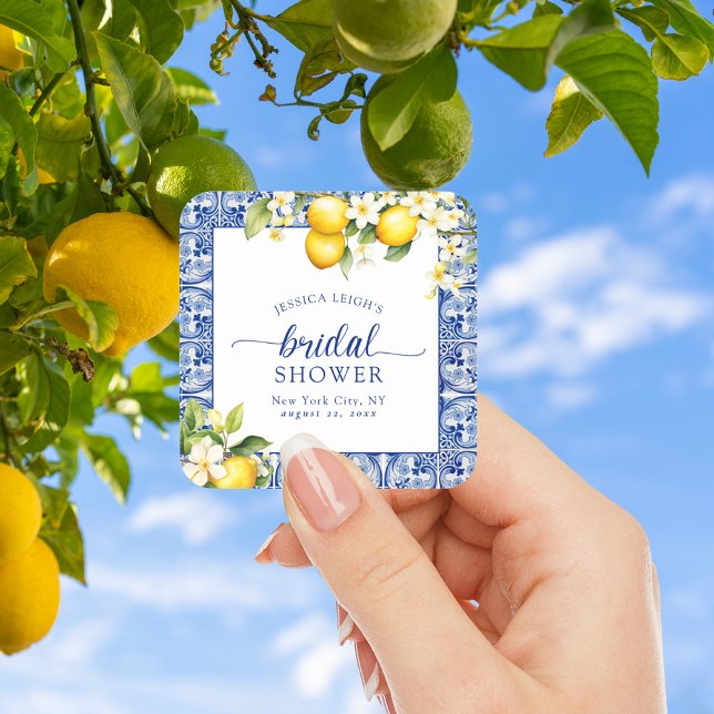 Blue Mediterranean Lemons Bridal Shower Square Sticker (Creator Uploaded)