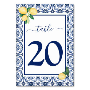 Blue Mediterranean Lemons Citrus Wedding Table Number